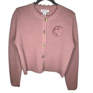 Rachel Zoe Blush Pink Cardigan Medium Gold Button Front Knit Sweater